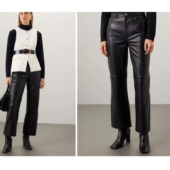 VEDA Womens Sz 6 Leather Pants Black Flared High Rise Edgy Grunge DAMAGED - Picture 1 of 12